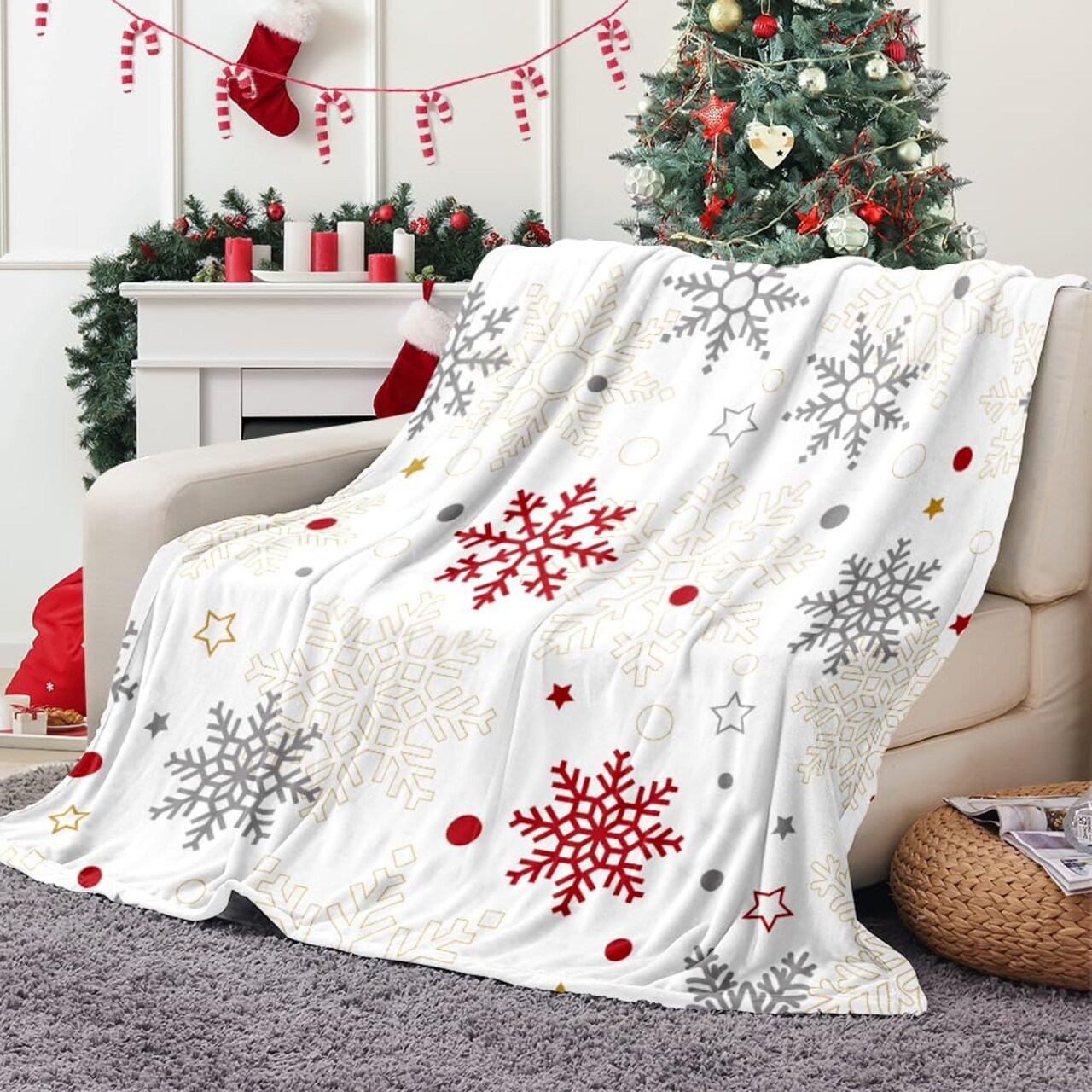 Christmas Throw Blanket Snowflake Couch Blanket Super Soft Flannel Throw Blanket Winter Plush Fuzzy Warm Bed Blanket Christmas Holiday Decor for Couch Bed 60"X80"